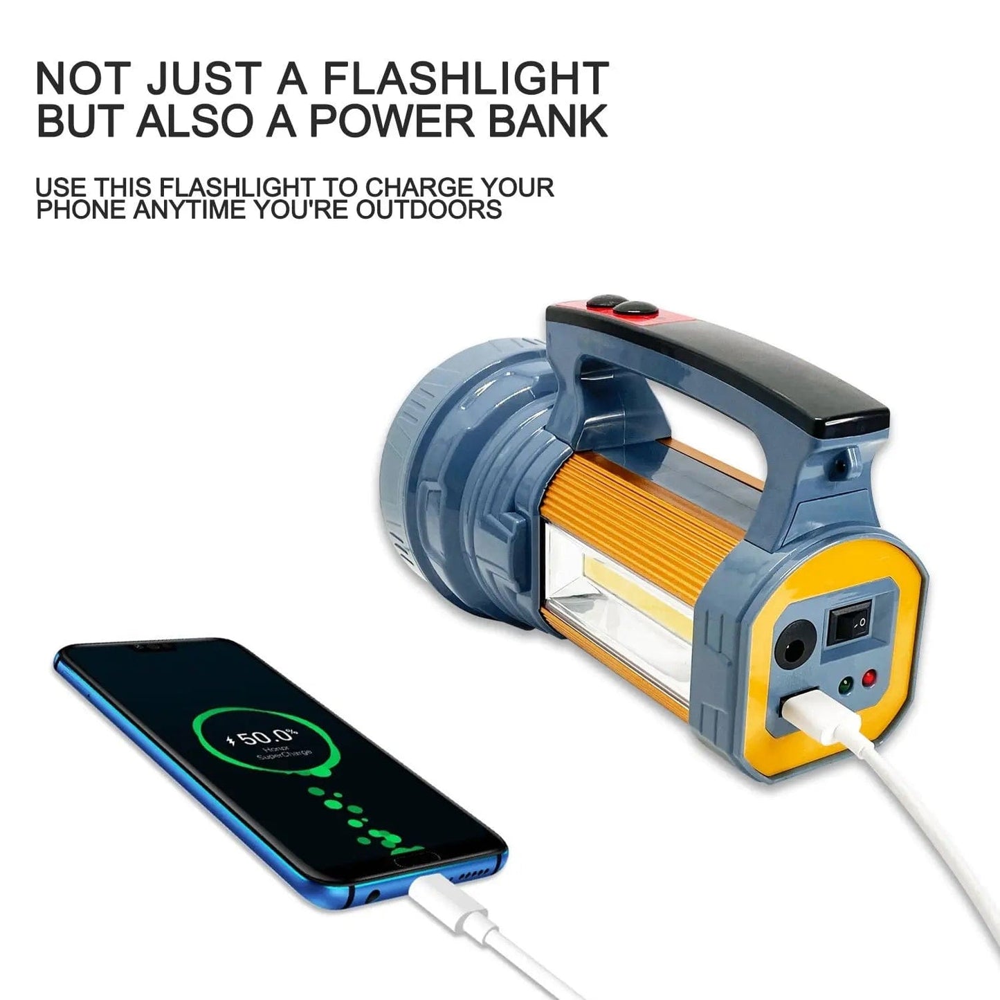 MU Torcia a carica solare, luce laterale con maniglia sconto,4 Modes Searchlight Power bank output mukca