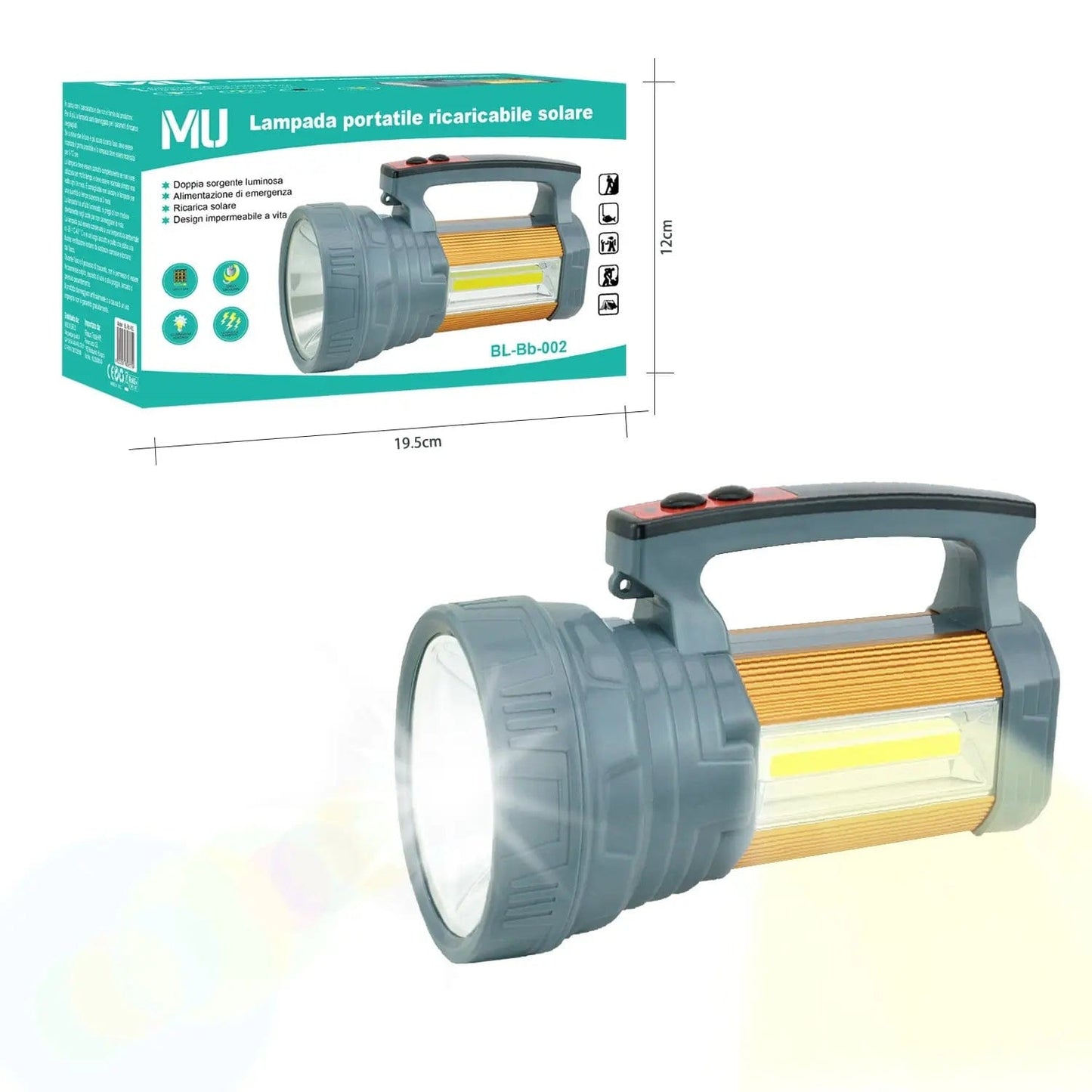 MU Torcia a carica solare, luce laterale con maniglia sconto,4 Modes Searchlight Power bank output mukca