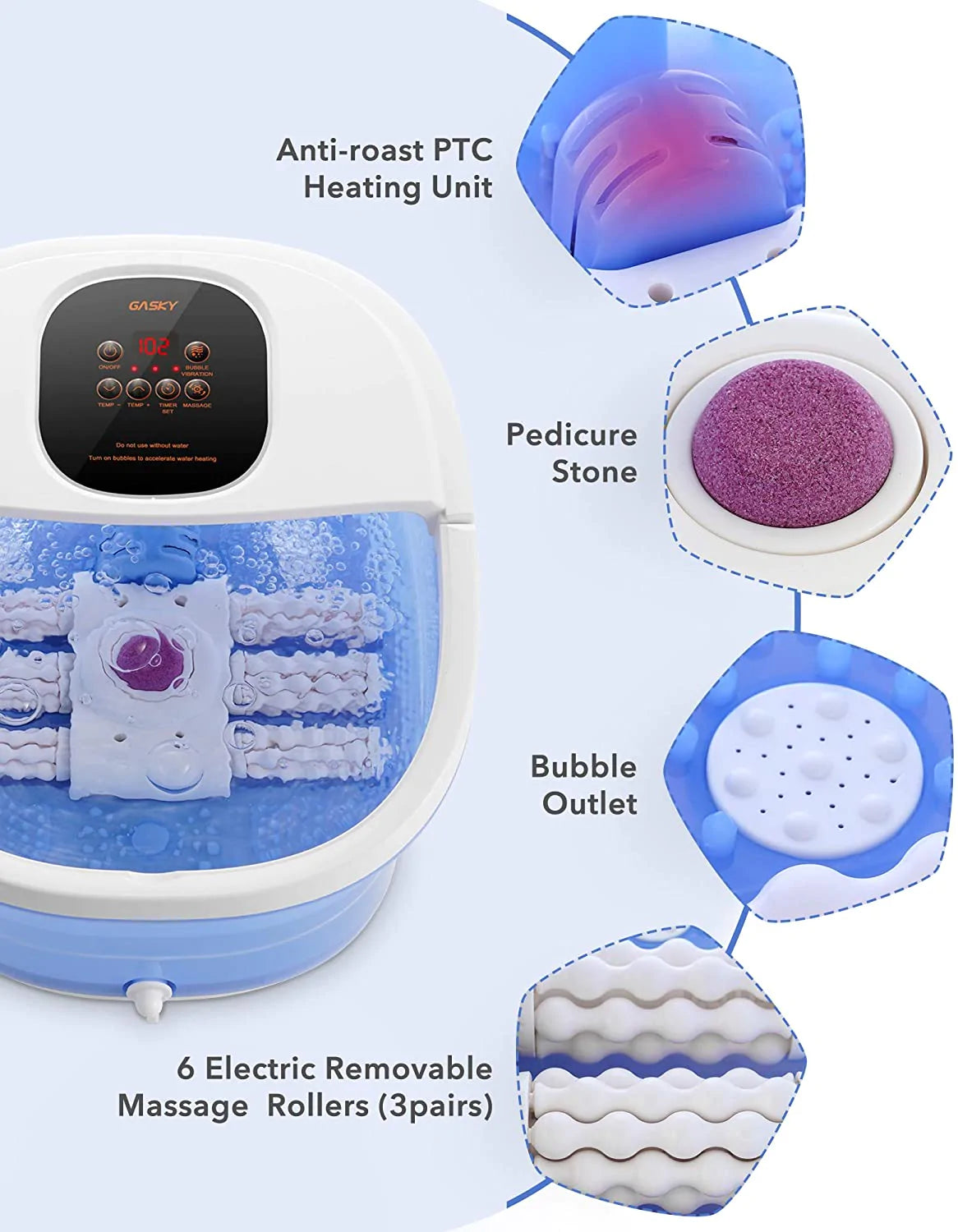 GASKY Fußbad/Massagebad 6 in 1 – Wärme, Blasen, Vibration, 6 motorisierte Shiatsu-Rollen, Frequenzumwandlung, Zeit- und Temperatureinstellungen, Fußbad für den Heimgebrauch.