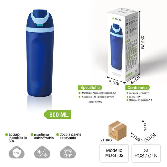 MU-ST02 600ML BLU DOPPIA PARETE SOTTOVUOTO MANTIENE CALDO/FREDDO