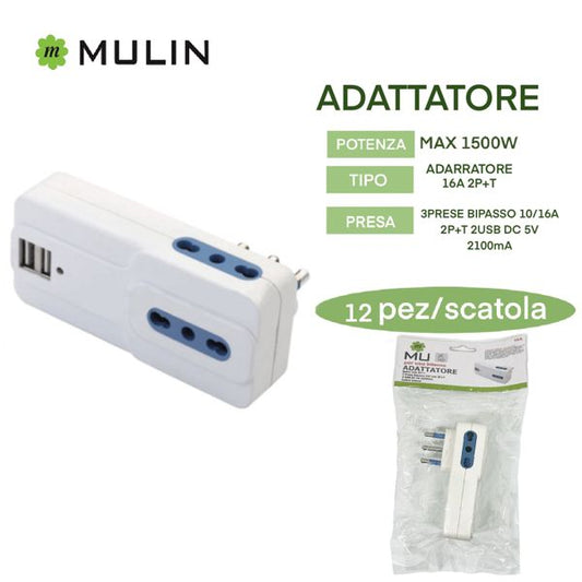 USB ADATTATORE 3PRESA 10A 2 USB