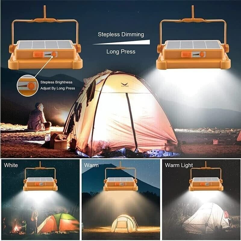 Faretto LED Portatile con Ricarica Solare e Cavo USB 15W 20W 27W 35W Impermeabile Illuminazione a Lunga Durata per Campeggio, Escursioni, Pesca, Cantieri, Black out
