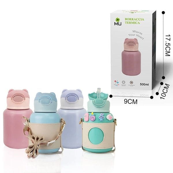 Borraccia Termica Thermos per Bambini in Acciaio Inox 500ML con Cannuccia e Tracolla
