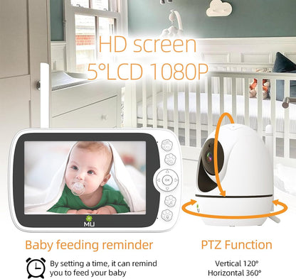Wireless No Wifi Video and Audio Baby Monitor, 5'' LCD Screen, 1080p High Resolution, VOX Function, Night Vision, Temperature Monitoring, 6 Lullabies, 350° Rotation (TV-BM308-5C-2MP)