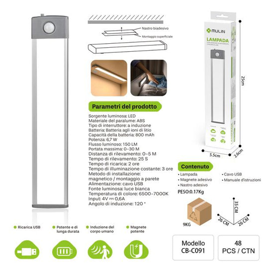 CB-C091 LAMPADA CON SENSORE DI MOVIMENTO E RICARICA USB PICCOLO