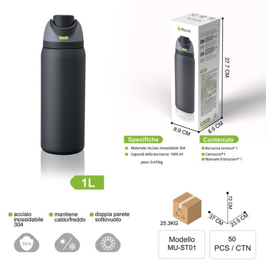 MU-ST01 NERO 1L DOPPIA PARETE SOTTOVUOTO MANTIENE CALDO/FREDDO