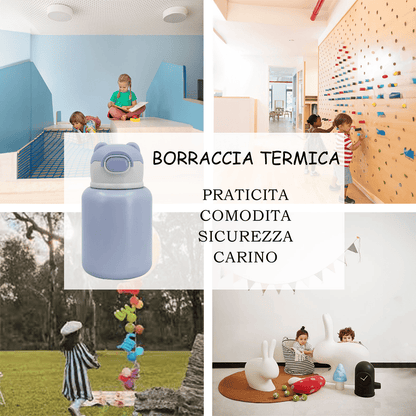 Borraccia Termica Thermos per Bambini in Acciaio Inox 500ML con Cannuccia e Tracolla