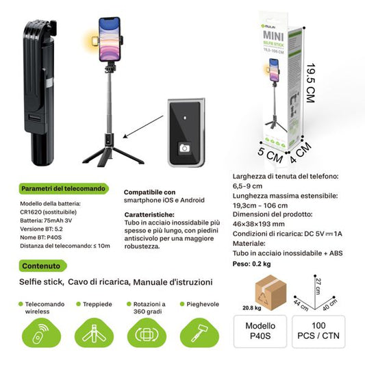 MU P40S MINI SELFIE STICKCONSINGOLAILLUMINAZIONE(19.3-106CM)