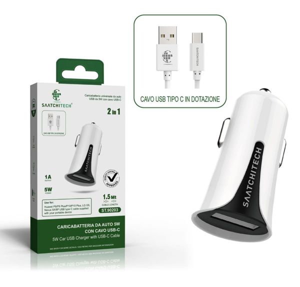 CARICABATTERIA DA AUTO 5W COM CAVO USB-C
