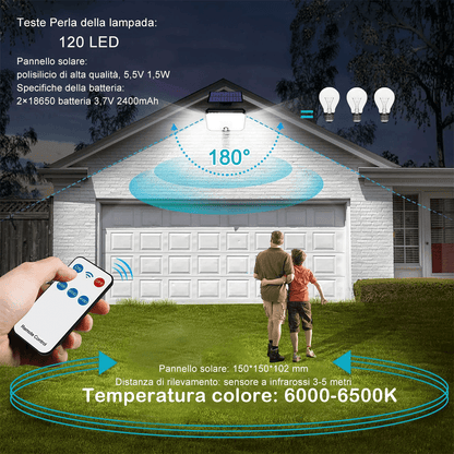 Lampada Solare 120 LED da Esterno Impermeabile con Sensore e Telecomando, 3 modalità di luce