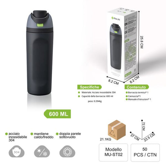 MU-ST02 600ML GRIGIO DOPPIA PARETE SOTTOVUOTO MANTIENE CALDO/FREDDO
