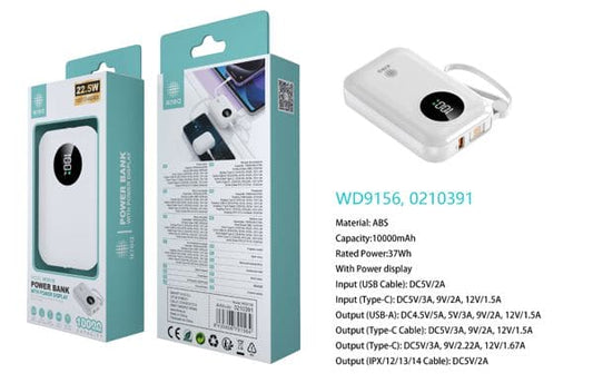 BIANCO POWER BANK CON DISPLAY E CORDINO 37WH 10000MAH