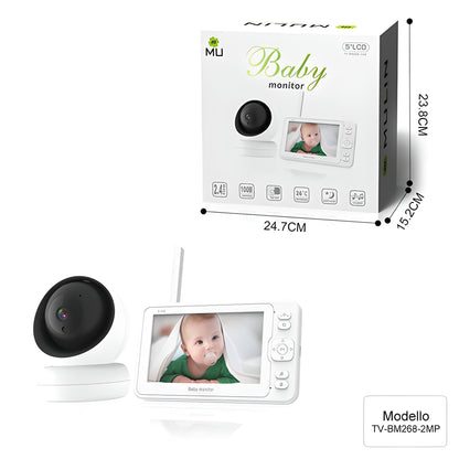 Wireless No Wifi Video and Audio Baby Monitor, 5'' LCD Screen, 1080p High Resolution, VOX Function, Night Vision, Temperature Monitoring, 6 Lullabies, 360° Rotation (TV-BM268-2MP)
