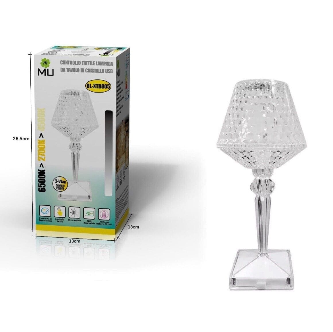 m MU Lampada da Tavolo DL-XTD805 LED Ricaricabile di Cristallo 3 Colori Decorativa.