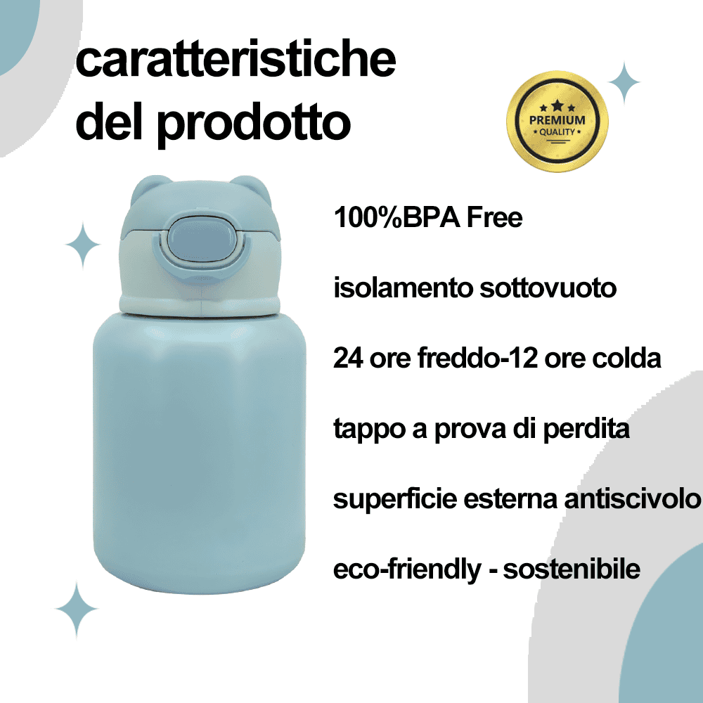 Borraccia Termica Thermos per Bambini in Acciaio Inox 500ML con Cannuccia e Tracolla