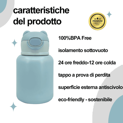 Borraccia Termica Thermos per Bambini in Acciaio Inox 500ML con Cannuccia e Tracolla