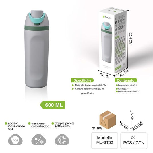 MU-ST02 600ML GRIGIO DOPPIA PARETE SOTTOVUOTO MANTIENE CALDO/FREDDO