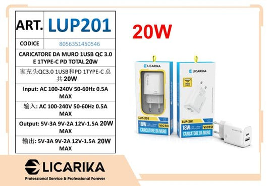 CARICATORE DA MURO 1USB QC 3.0 E 1TYPE-C PD TOTAL 20W