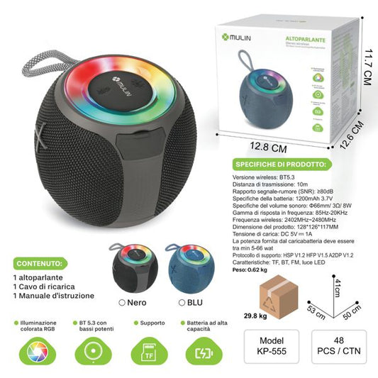 KP-555 NERO Altoparlante con laricarica wireless e luce led rgb 1800mAh