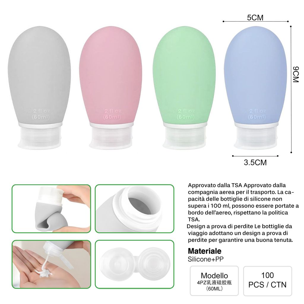 BOTTIGLIA DA VIAGGIO IN SILICONE 4PZ^60ML