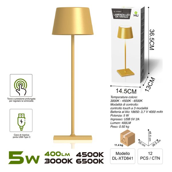 DL-XTD841 TOUCHLAMPADA IN FERRO ORO  RICARICA USB