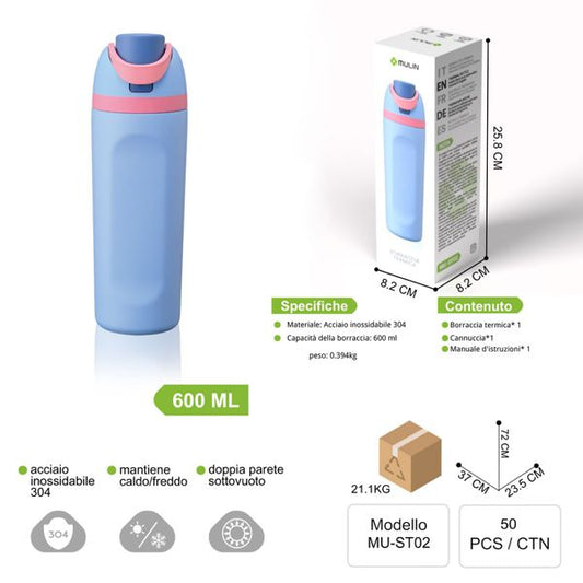 MU-ST02 600ML AZZURRO DOPPIA PARETE SOTTOVUOTO MANTIENE CALDO/FREDDO