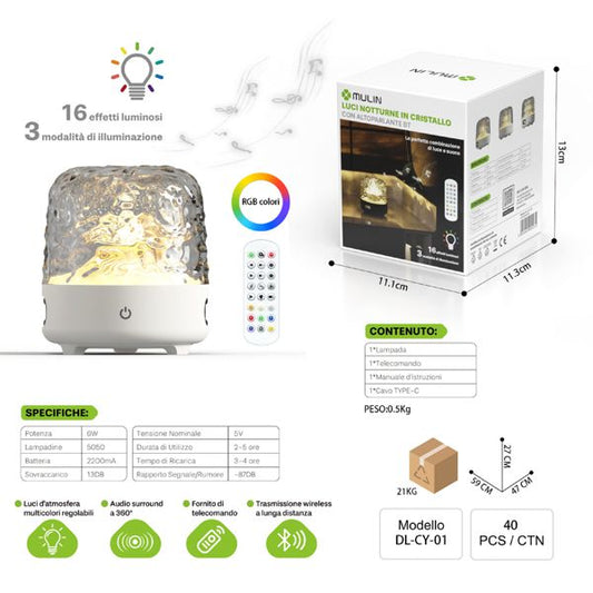 MU DL-CY-01 LUCI NOTTURNE IN CRISTALLO CON ALTOPARLANTE BT