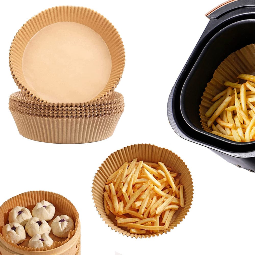 50PCS Air Fryer Baking Paper 205-160-45 mm Round Disposable Air Fryer Paper Parchment Non-Stick Unbleached Waterproof High Temperature Resistant Baking Paper Sheets 
