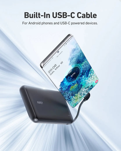 Aukey PB-N73C Power Bank Portable Charger 10,000mAh 18W Built-in USB-C Cable Fast Charging Compact Lightweight 