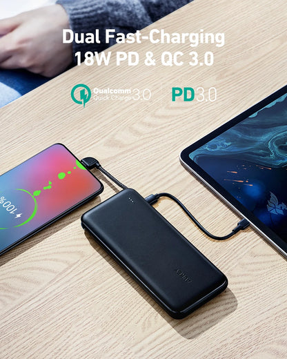 Aukey PB-N73C Power Bank Portable Charger 10,000mAh 18W Built-in USB-C Cable Fast Charging Compact Lightweight 