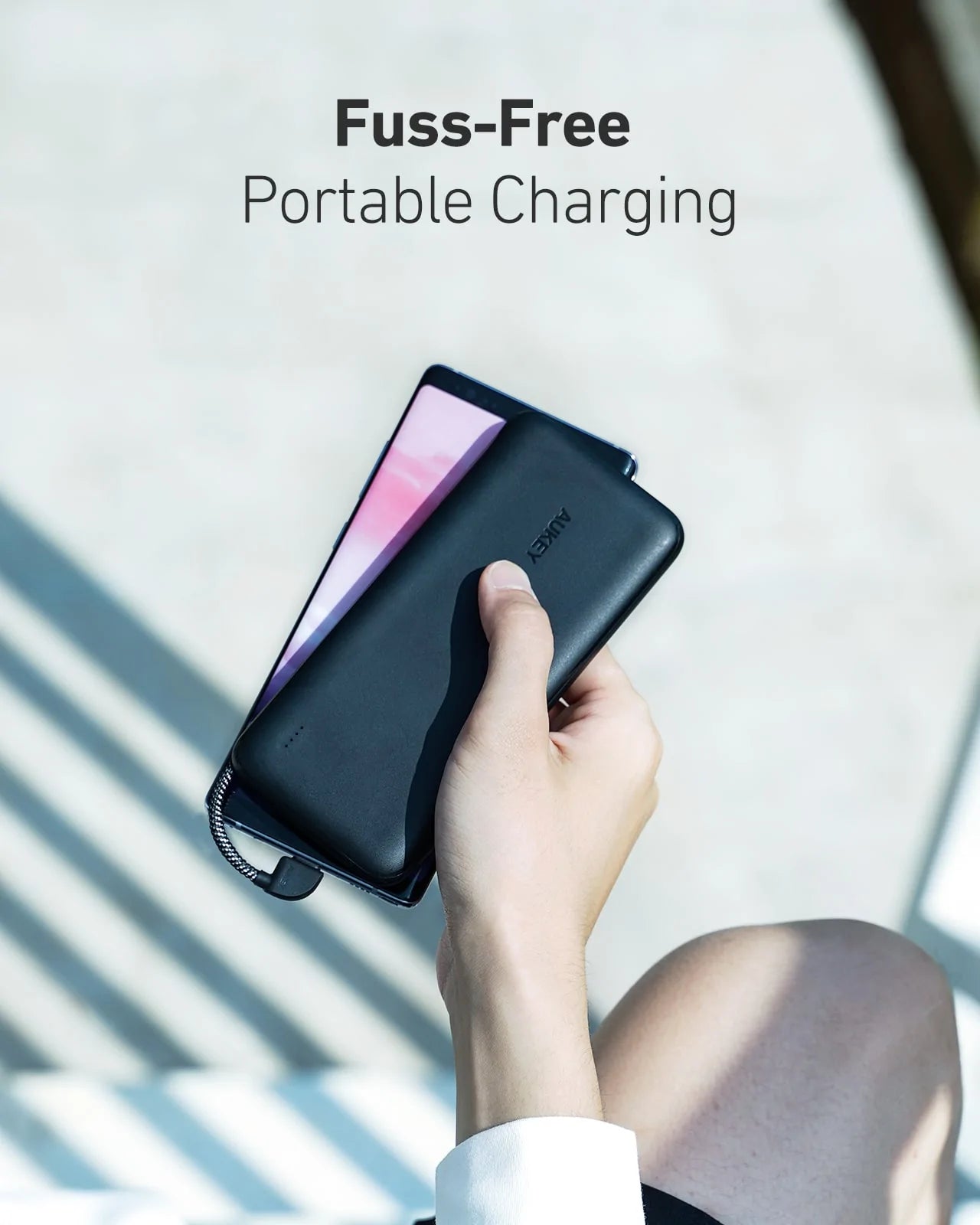 Aukey PB-N73C Power Bank Portable Charger 10,000mAh 18W Built-in USB-C Cable Fast Charging Compact Lightweight 