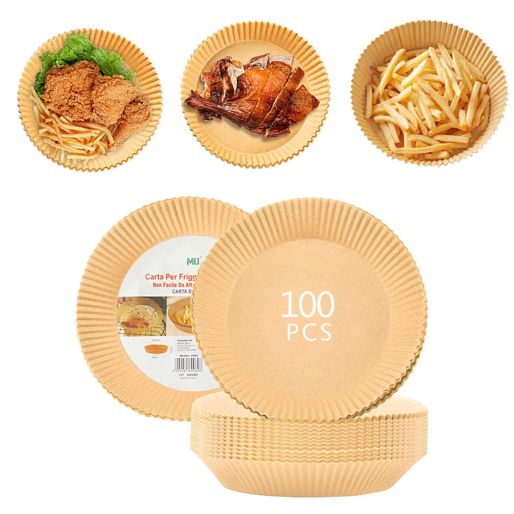 50PCS Air Fryer Baking Paper 205-160-45 mm Round Disposable Air Fryer Paper Parchment Non-Stick Unbleached Waterproof High Temperature Resistant Baking Paper Sheets 