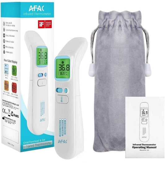 AFAC Infrared Fever Thermometer, Digital Forehead Ear Object Thermometer for Adults Children, Professional Non-Contact, Memory 40 Readings, 4 Color Display 