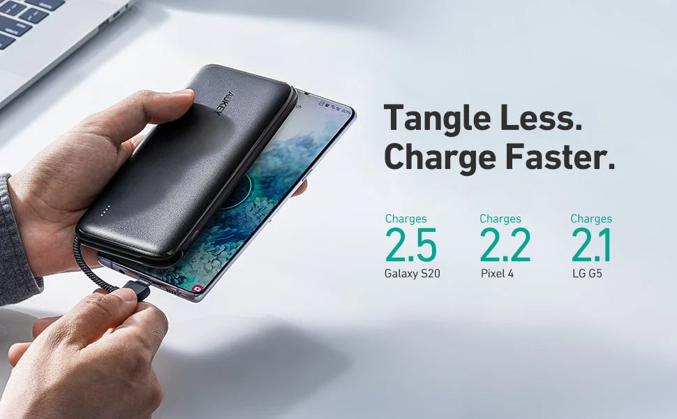 Aukey PB-N73C Power Bank Portable Charger 10,000mAh 18W Built-in USB-C Cable Fast Charging Compact Lightweight 