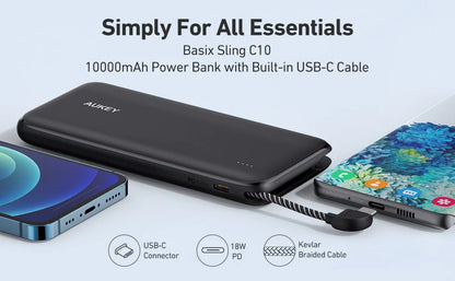 Aukey PB-N73C Power Bank Portable Charger 10,000mAh 18W Built-in USB-C Cable Fast Charging Compact Lightweight 